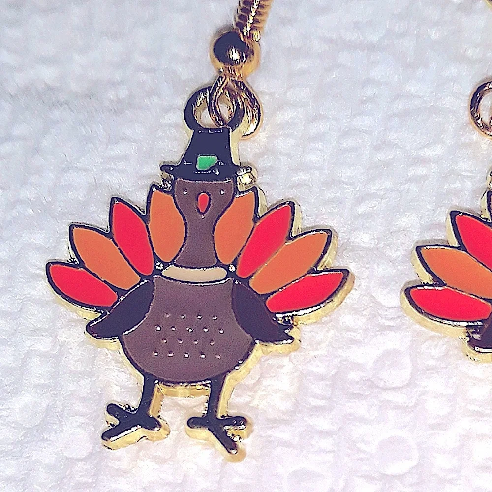 Thanksgiving Turkey Earrings Enamel Gold Pl Stainless Earwires Fall Birdie NEW